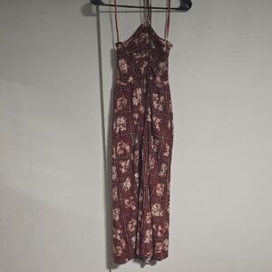 Monteau Los Angelos Red Burgundy Floral Feminine Midi Dress Tie Neck